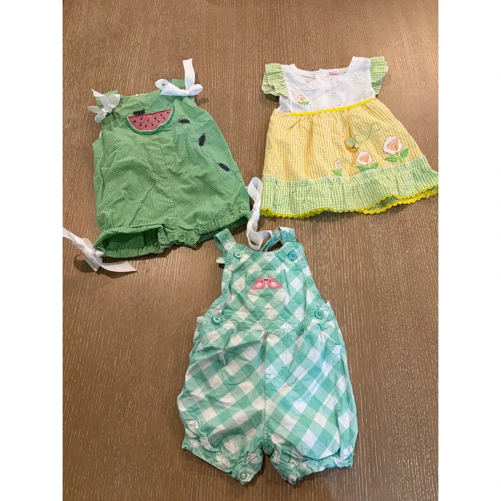 Baby Girls 6M-9M Summer Outfit Lot Watermelon Gingham Romper Dress Overalls